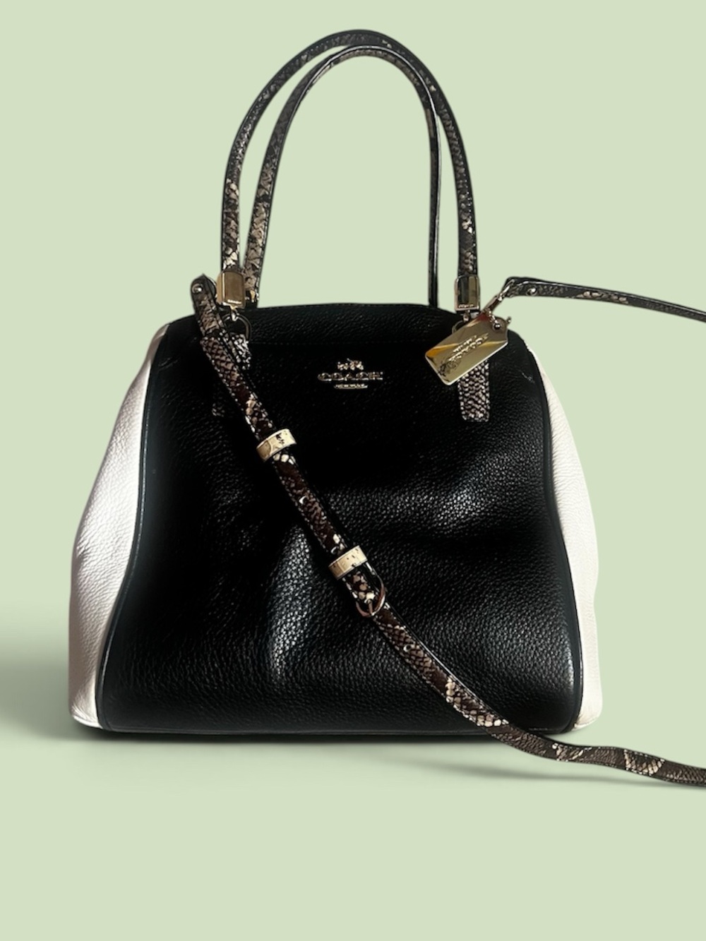 Coach Black & White Leather Satchel with Snake-Print Strap